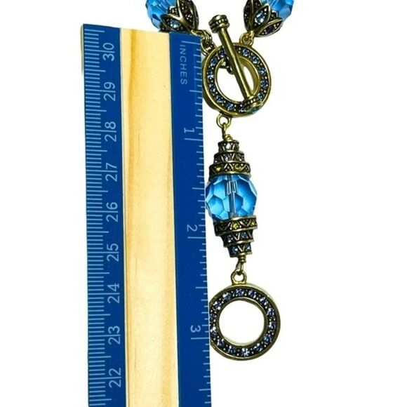 Heidi Daus Crystal Blue Beads Toggle Clasp Pendant Accente Rhinestones Necklace - Picture 8 of 13